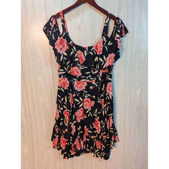 torrid Dresses & Skirts - Torrid Cold Shoulder Skater Dress Womens 2X Black Floral Flare Ruffle Flowy